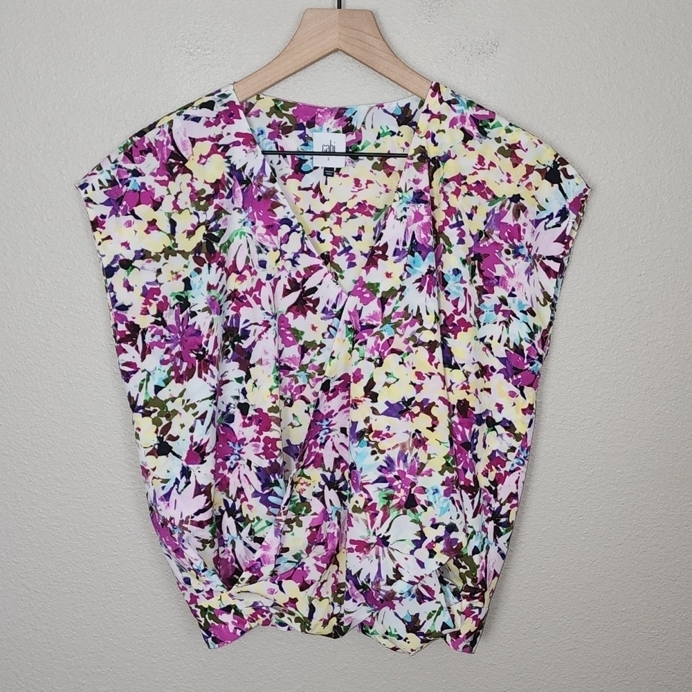 CAbi Eden Floral Multicolor Shortsleeve Wrap Top